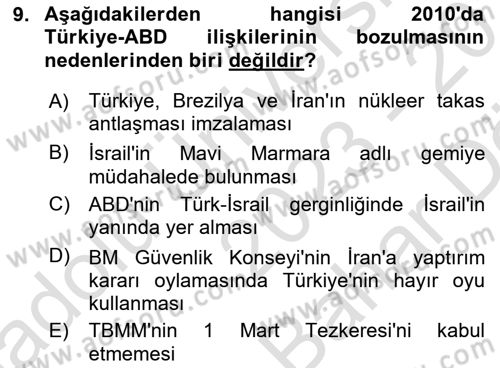 Türk Dış Politikası 2 Dersi 2023 - 2024 Yılı (Vize) Ara Sınavı 9. Soru