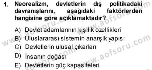 Uluslararası İlişkiler Kuramları 1 Dersi 2013 - 2014 Yılı (Vize) Ara Sınav Soruları 1. Soru