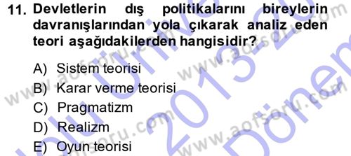 Uluslararası İlişkiler Kuramları 1 Dersi 2013 - 2014 Yılı (Final) Dönem Sonu Sınav Soruları 11. Soru