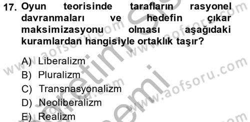 Uluslararası İlişkiler Kuramları 1 Dersi 2014 - 2015 Yılı (Final) Dönem Sonu Sınavı 17. Soru