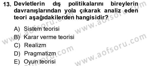 Uluslararası İlişkiler Kuramları 1 Dersi 2014 - 2015 Yılı Tek Ders Sınav Soruları 13. Soru