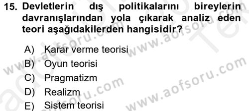 Uluslararası İlişkiler Kuramları 1 Dersi 2015 - 2016 Yılı Tek Ders Sınavı 15. Soru