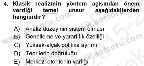 Uluslararası İlişkiler Kuramları 1 Dersi 2015 - 2016 Yılı Tek Ders Sınav Soruları 4. Soru