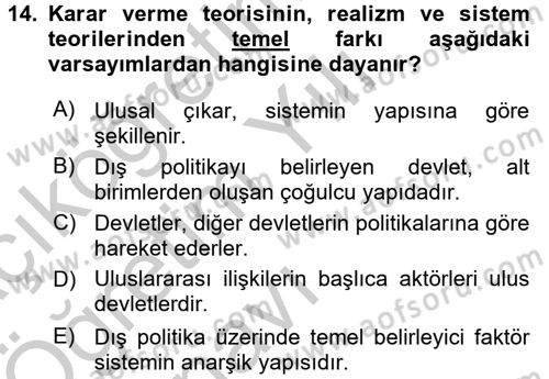 Uluslararası İlişkiler Kuramları 1 Dersi 2016 - 2017 Yılı 3 Ders Sınav Soruları 14. Soru