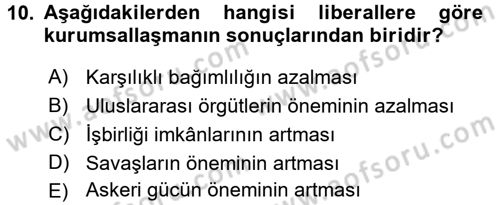 Uluslararası İlişkiler Kuramları 1 Dersi 2016 - 2017 Yılı (Vize) Ara Sınav Soruları 10. Soru