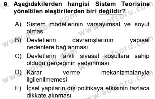 Uluslararası İlişkiler Kuramları 1 Dersi 2016 - 2017 Yılı (Final) Dönem Sonu Sınavı 9. Soru