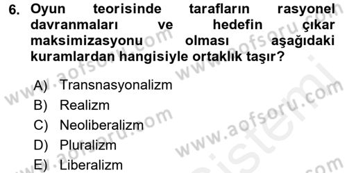 Uluslararası İlişkiler Kuramları 1 Dersi 2017 - 2018 Yılı 3 Ders Sınav Soruları 6. Soru