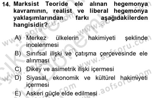 Uluslararası İlişkiler Kuramları 1 Dersi 2017 - 2018 Yılı (Vize) Ara Sınav Soruları 14. Soru