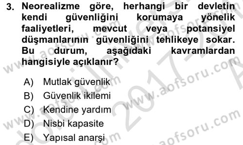 Uluslararası İlişkiler Kuramları 1 Dersi 2017 - 2018 Yılı (Vize) Ara Sınav Soruları 3. Soru