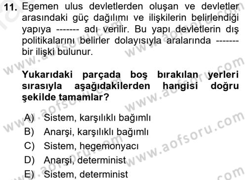 Uluslararası İlişkiler Kuramları 1 Dersi 2017 - 2018 Yılı (Final) Dönem Sonu Sınav Soruları 11. Soru