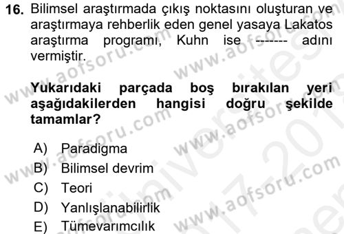 Uluslararası İlişkiler Kuramları 1 Dersi 2017 - 2018 Yılı (Final) Dönem Sonu Sınavı 16. Soru