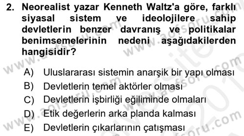 Uluslararası İlişkiler Kuramları 1 Dersi 2018 - 2019 Yılı (Vize) Ara Sınavı 2. Soru