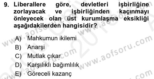 Uluslararası İlişkiler Kuramları 1 Dersi 2018 - 2019 Yılı (Vize) Ara Sınav Soruları 9. Soru