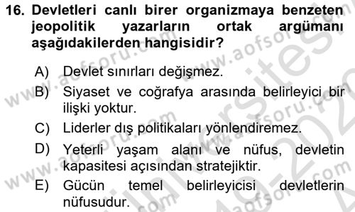 Uluslararası İlişkiler Kuramları 1 Dersi 2019 - 2020 Yılı (Vize) Ara Sınav Soruları 16. Soru