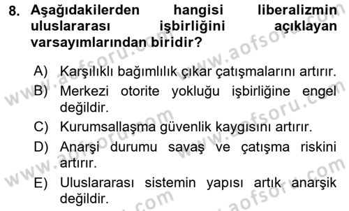 Uluslararası İlişkiler Kuramları 1 Dersi 2019 - 2020 Yılı (Vize) Ara Sınav Soruları 8. Soru