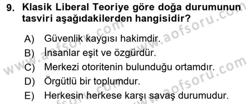 Uluslararası İlişkiler Kuramları 1 Dersi 2019 - 2020 Yılı (Vize) Ara Sınav Soruları 9. Soru