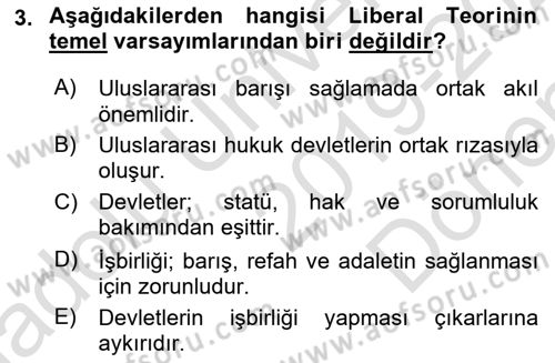 Uluslararası İlişkiler Kuramları 1 Dersi 2019 - 2020 Yılı (Final) Dönem Sonu Sınav Soruları 3. Soru