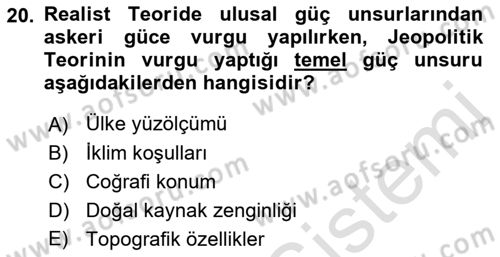 Uluslararası İlişkiler Kuramları 1 Dersi 2021 - 2022 Yılı (Vize) Ara Sınav Soruları 20. Soru