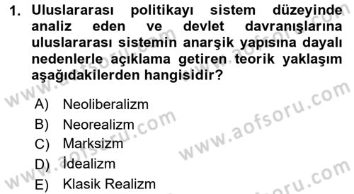 Uluslararası İlişkiler Kuramları 1 Dersi 2021 - 2022 Yılı (Final) Dönem Sonu Sınav Soruları 1. Soru
