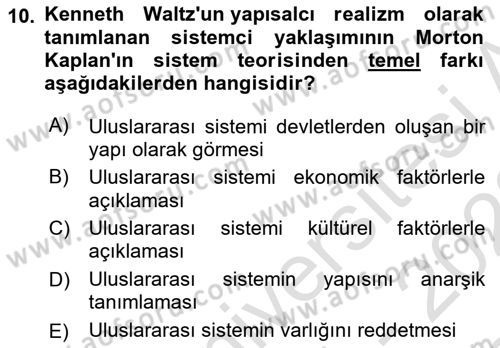 Uluslararası İlişkiler Kuramları 1 Dersi 2021 - 2022 Yılı (Final) Dönem Sonu Sınav Soruları 10. Soru