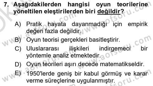 Uluslararası İlişkiler Kuramları 1 Dersi 2021 - 2022 Yılı Yaz Okulu Sınav Soruları 7. Soru