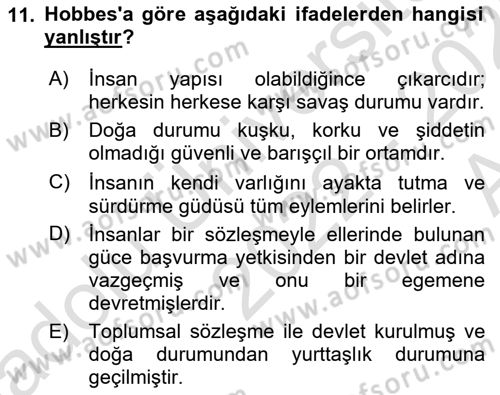 Uluslararası İlişkiler Kuramları 1 Dersi 2022 - 2023 Yılı (Vize) Ara Sınav Soruları 11. Soru