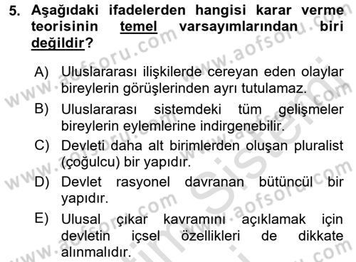 Uluslararası İlişkiler Kuramları 1 Dersi 2022 - 2023 Yılı (Final) Dönem Sonu Sınav Soruları 5. Soru