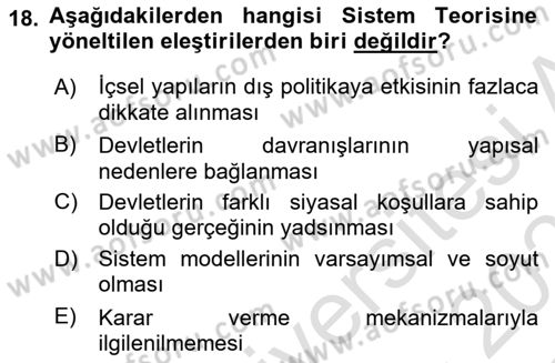 Uluslararası İlişkiler Kuramları 1 Dersi 2022 - 2023 Yılı Yaz Okulu Sınav Soruları 18. Soru