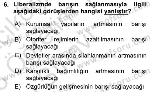 Uluslararası İlişkiler Kuramları 1 Dersi 2022 - 2023 Yılı Yaz Okulu Sınav Soruları 6. Soru