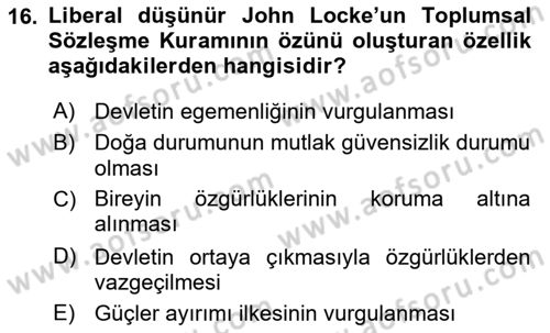 Uluslararası İlişkiler Kuramları 1 Dersi 2023 - 2024 Yılı (Vize) Ara Sınav Soruları 16. Soru