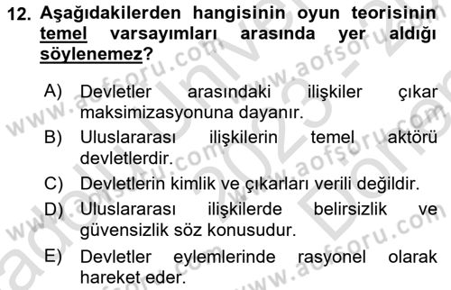 Uluslararası İlişkiler Kuramları 1 Dersi 2023 - 2024 Yılı (Final) Dönem Sonu Sınavı 12. Soru