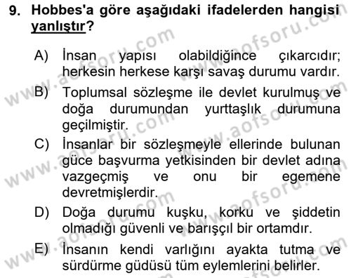 Uluslararası İlişkiler Kuramları 1 Dersi 2023 - 2024 Yılı Yaz Okulu Sınavı 9. Soru