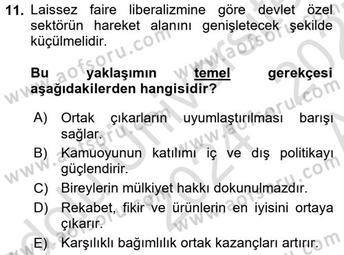 Uluslararası İlişkiler Kuramları 1 Dersi 2024 - 2025 Yılı (Vize) Ara Sınavı 11. Soru