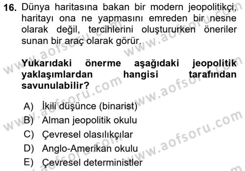 Uluslararası İlişkiler Kuramları 1 Dersi 2025 - 2026 Yılı (Vize) Ara Sınav Soruları 16. Soru