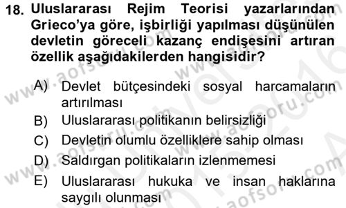 Uluslararası İlişkiler Kuramları 2 Dersi 2015 - 2016 Yılı (Vize) Ara Sınav Soruları 18. Soru