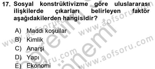 Uluslararası İlişkiler Kuramları 2 Dersi 2016 - 2017 Yılı (Vize) Ara Sınav Soruları 17. Soru