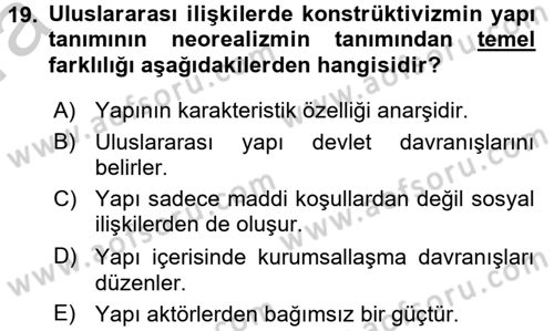 Uluslararası İlişkiler Kuramları 2 Dersi 2016 - 2017 Yılı (Vize) Ara Sınav Soruları 19. Soru