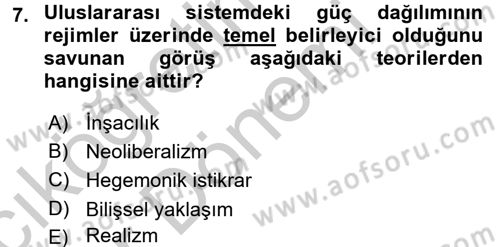 Uluslararası İlişkiler Kuramları 2 Dersi 2016 - 2017 Yılı (Vize) Ara Sınav Soruları 7. Soru