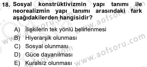 Uluslararası İlişkiler Kuramları 2 Dersi 2018 - 2019 Yılı (Vize) Ara Sınav Soruları 18. Soru