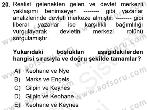 Uluslararası İlişkiler Kuramları 2 Dersi 2018 - 2019 Yılı (Final) Dönem Sonu Sınav Soruları 20. Soru