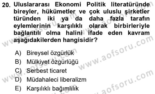 Uluslararası İlişkiler Kuramları 2 Dersi 2021 - 2022 Yılı Yaz Okulu Sınav Soruları 20. Soru