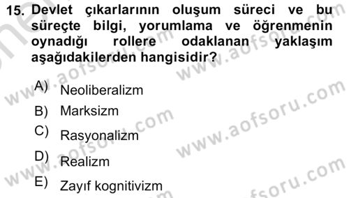 Uluslararası İlişkiler Kuramları 2 Dersi 2023 - 2024 Yılı (Vize) Ara Sınav Soruları 15. Soru