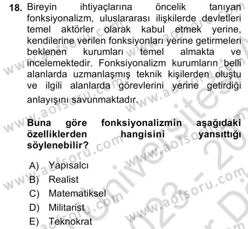 Uluslararası İlişkiler Kuramları 2 Dersi 2023 - 2024 Yılı (Vize) Ara Sınav Soruları 18. Soru
