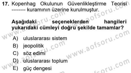 Uluslararası İlişkiler Kuramları 2 Dersi 2024 - 2025 Yılı Yaz Okulu Sınav Soruları 17. Soru