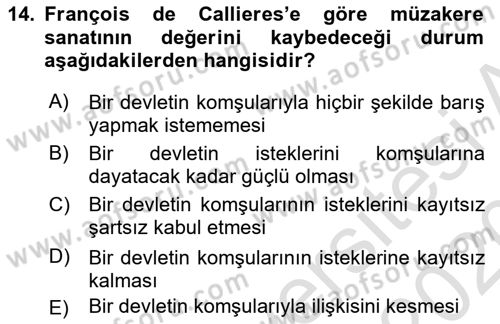 Diplomasi Tarihi Dersi 2019 - 2020 Yılı (Final) Dönem Sonu Sınav Soruları 14. Soru