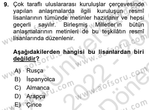 Diplomasi Tarihi Dersi 2022 - 2023 Yılı (Final) Dönem Sonu Sınav Soruları 9. Soru