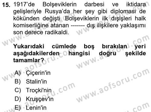 Diplomasi Tarihi Dersi 2023 - 2024 Yılı (Vize) Ara Sınav Soruları 15. Soru
