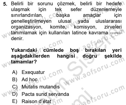 Diplomasi Tarihi Dersi 2023 - 2024 Yılı (Final) Dönem Sonu Sınav Soruları 5. Soru
