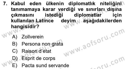 Diplomasi Tarihi Dersi 2023 - 2024 Yılı (Final) Dönem Sonu Sınav Soruları 7. Soru