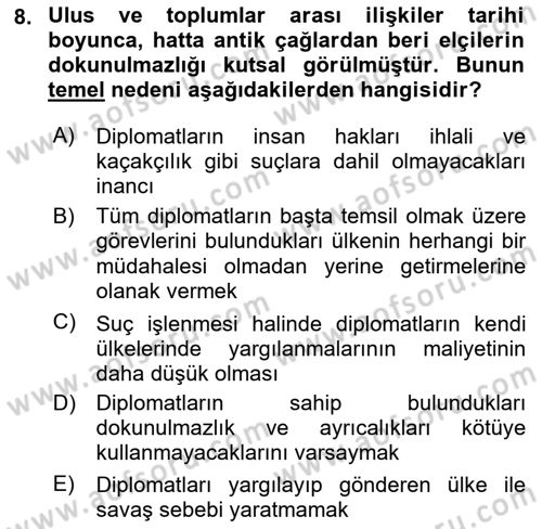 Diplomasi Tarihi Dersi 2023 - 2024 Yılı (Final) Dönem Sonu Sınav Soruları 8. Soru
